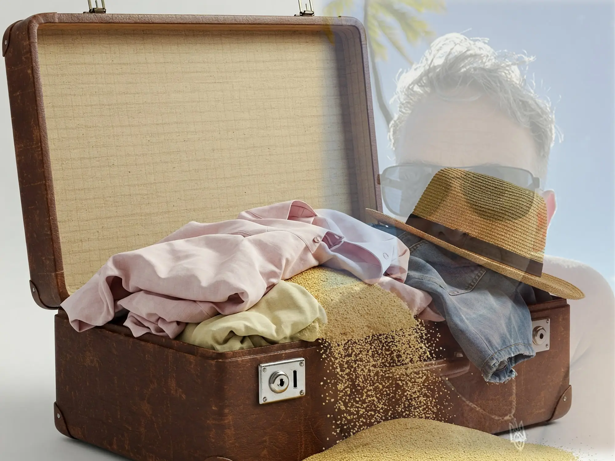 Behind the shades suitcase poorly packed with sand in it.