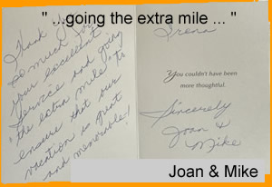 Testimonial (hand written) from a client named Joan and Mike