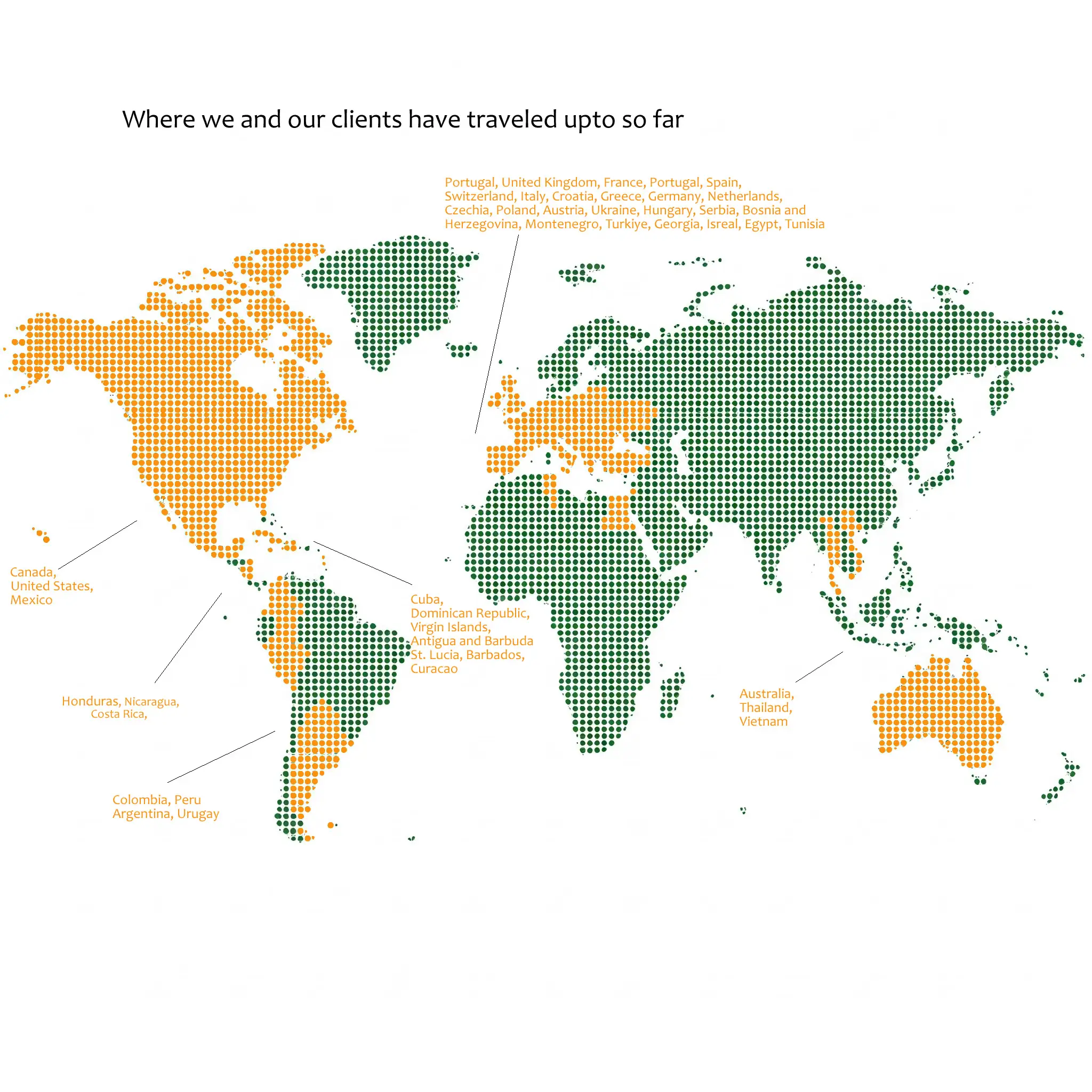 Map with locations pointed out where Struck by Travel has been